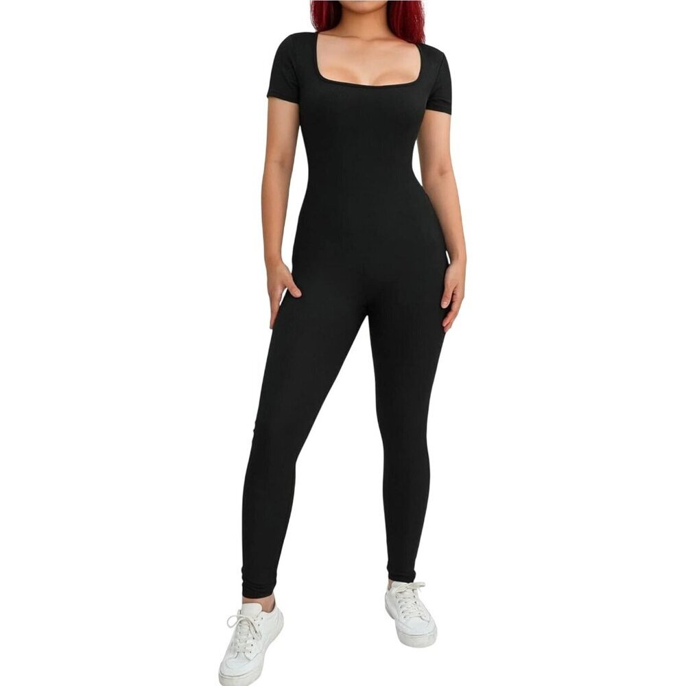 OQQ Black Short-Sleeve Scoop Neck Full-Length Bodysuit Womens Size L